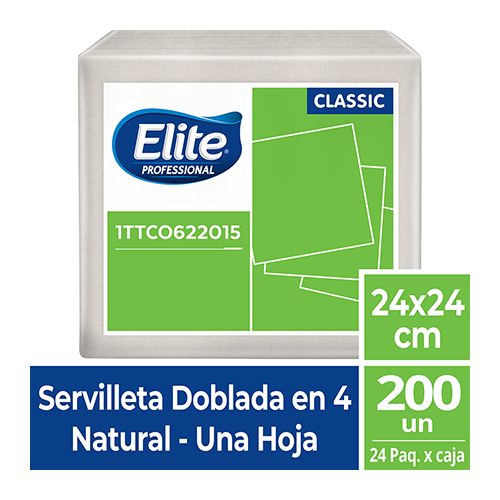 SERVILLETA ELITE NATURAL HOJA SENCILLA DOBLADA EN CUATRO - 24 x 24  cm 