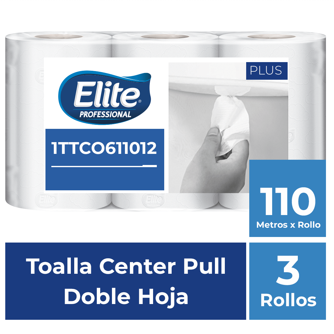 TOALLA ELITE ROLLO CENTER FLOW DOBLE HOJA EXTRA BLANCA  Metros por rollo: 110  Rollos por paquete: 3 Metros por paquete: 330