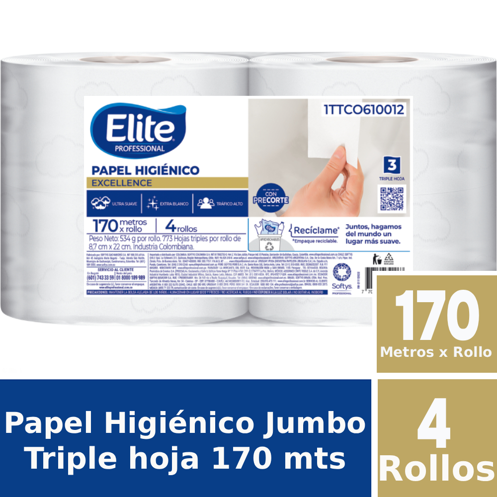 PAPEL HIGIÉNICO ELITE JUMBO TRIPLE HOJA EXTRABLANCO