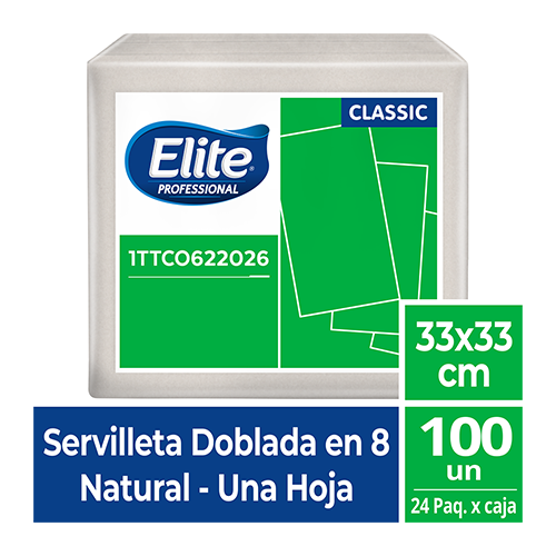 SERVILLETA ELITE NATURAL HOJA SENCILLA DOBLADA EN OCHO - 33 x 33  cm 